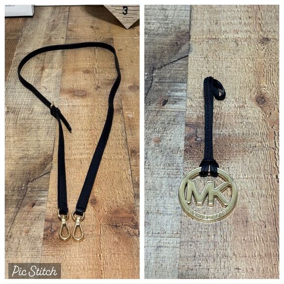 Black saffiano leather replacement Strap with Gold MK bag Charm - Picture 1 of 13